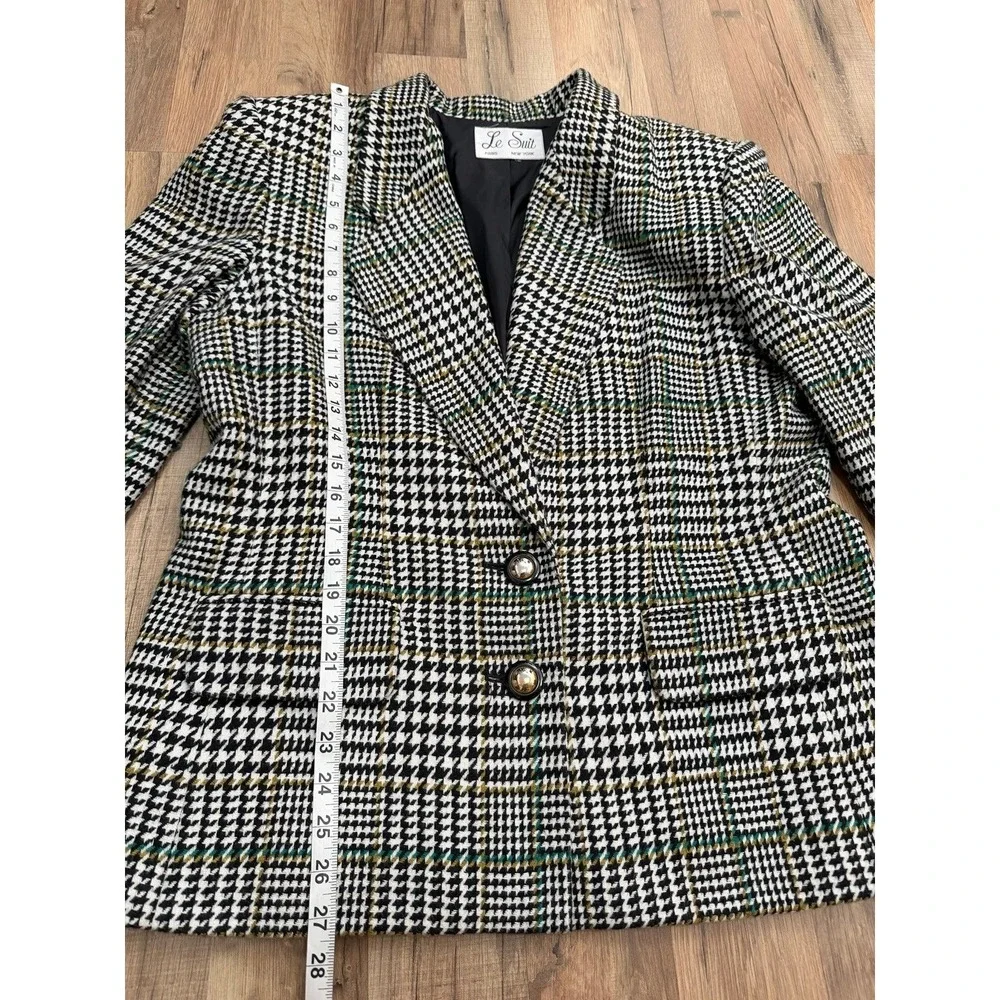 Le Suit Wool Blend Houndstooth Plaid Blazer‎ Black White Tailored Jacket